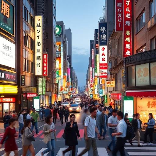 Affollata strada di Tokyo con insegne luminose e persone che attraversano la strada.