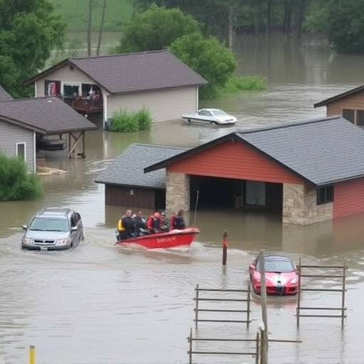 Foto di un'alluvione con case sommerse e soccorritori al lavoro.
