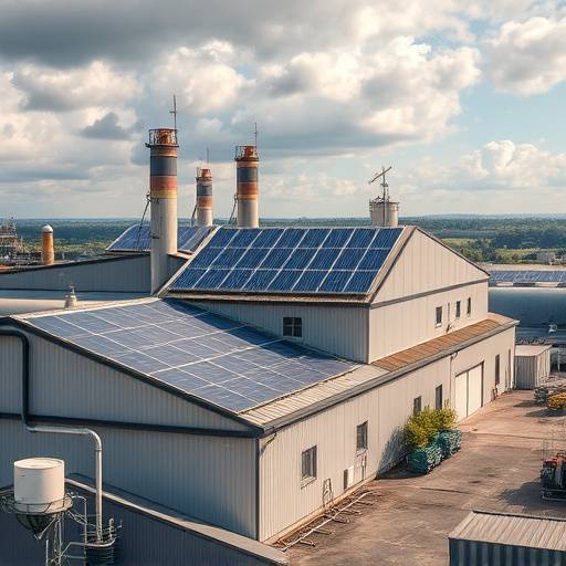 Fotografia di un impianto di produzione con pannelli solari sul tetto, simboleggia l'innovazione e la sostenibilit&agrave; aziendale.