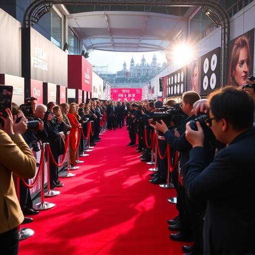 Un red carpet durante un festival del cinema con fotografi e celebrit&agrave;.