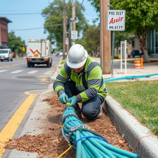 Un tecnico installa un cavo di fibra ottica in una strada cittadina