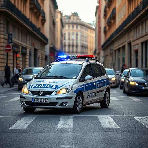 Una foto di un'auto della polizia italiana che pattuglia le strade di una citt&agrave;.
