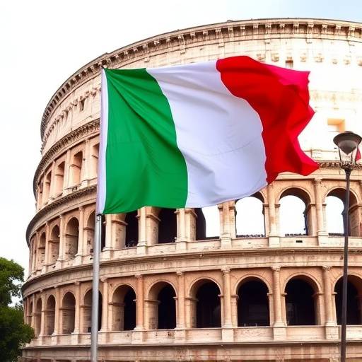 Una panoramica della bandiera italiana che sventola sopra il Colosseo a Roma.