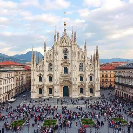 Vista panoramica del Duomo di Milano, con la piazza antistante gremita di persone.